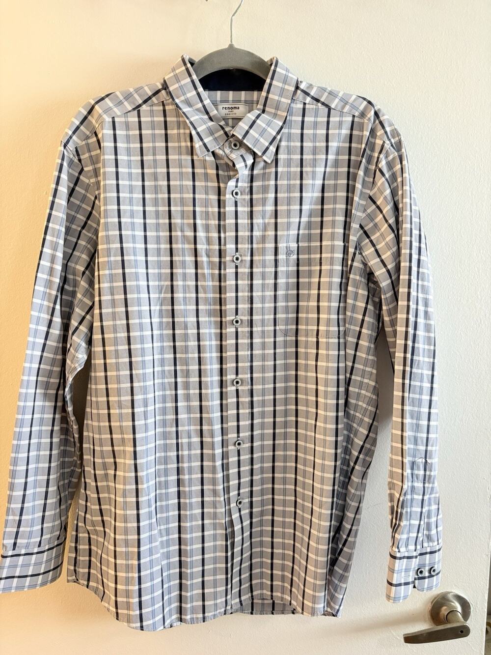 renoma Men's Blue/White Plaid Cotton Dress Shirt L 34/35 Regular Fit